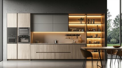 Stylish modern kitchen with wooden cabinetry, elegant lighting, and a clean design, perfect for contemporary home aesthetics.