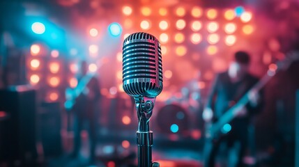 A vintage microphone stands in front of a band performing on stage under colourful lights.