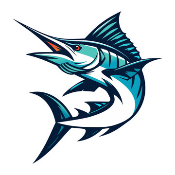 A stylized blue marlin leaps out of the water with its mouth open wide, showcasing its sharp bill and vibrant colors against a white background