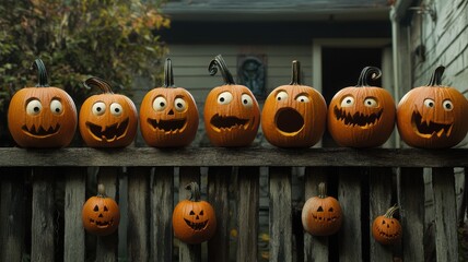 Halloween pumpkins with various facial expressions on a wooden fence.