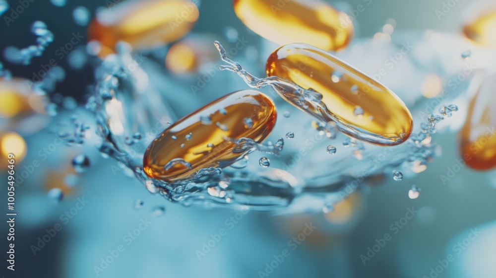 Poster vibrant gel capsules splash into clear water, highlighting their shape and texture, creating a dynam