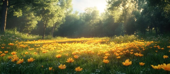 Sunbeams illuminating a field of yellow wildflowers in a lush gr