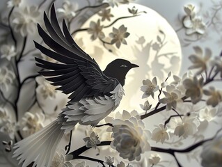 Fototapeta premium Paper Bird in a Floral Setting