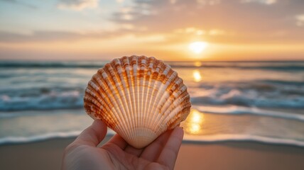 Hand holding a beautiful seashell against a sunset beach background.