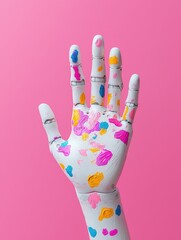 Colorful paint splashes on a mannequin hand against a pink background symbolizing creativity, art, and vibrant design.