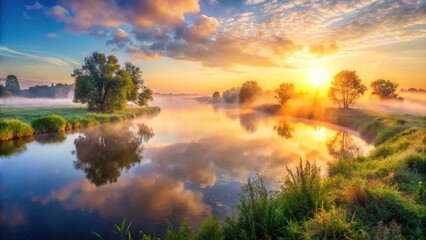 Naklejka premium panoramic summer landscape sunrise fog river Eye Level