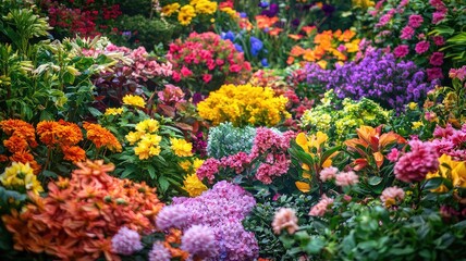 Vibrant floral display featuring a variety of colorful flowers in bloom, showcasing nature's beauty and diversity.