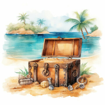watercolor treasure chest on tropical beach clip art preview