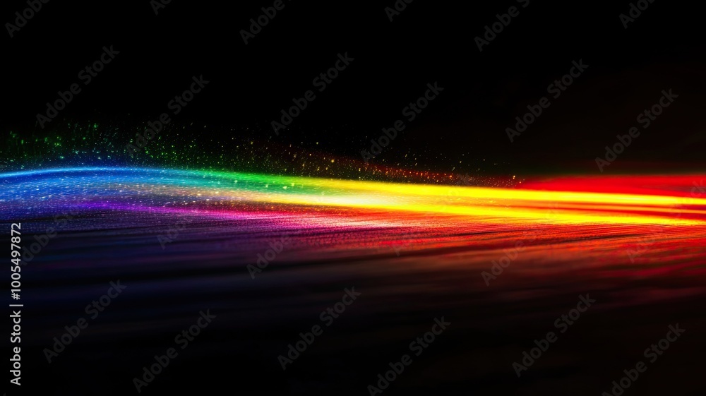 Poster vibrant rainbow spectrum flowing through darkness, creating a stunning visual effect of color and li