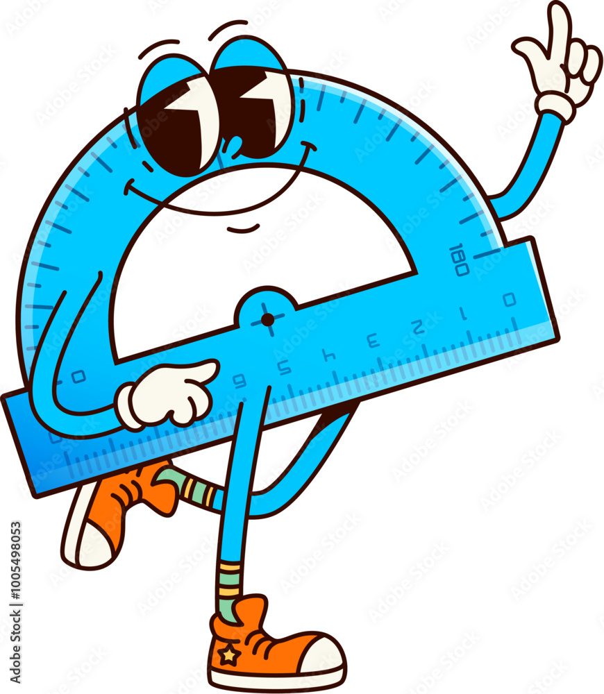 Poster Groovy school protractor character, measuring item for learning geometry or math. Isolated cartoon vector retro ruler personage. Nostalgic, educational tool with happy face and pointing gesture