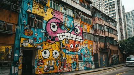 Obraz premium Vibrant street art mural showcasing colorful characters and playful designs on an urban building in a lively cityscape.