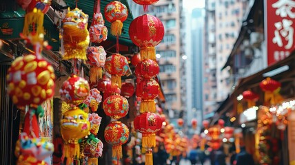 Obraz premium Vibrant street scene adorned with colorful lanterns, showcasing festive decorations in a bustling urban setting.