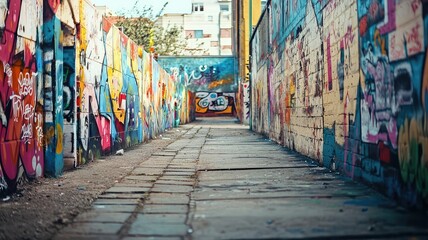 Fototapeta premium Vibrant urban alleyway adorned with colorful graffiti, showcasing street art and creativity in a lively city environment.