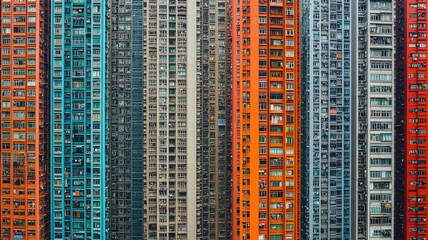 Obraz premium Vibrant urban landscape showcasing densely packed residential buildings in varied colors and architectural styles.