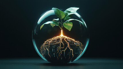 futuristic plant with neon lit veins and metallic roots emerges from glowing base, encapsulated in glass sphere, symbolizing blend of nature and technology