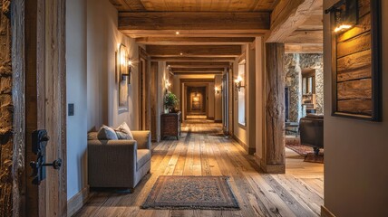 Fototapeta premium A cozy hallway featuring wooden beams, warm lighting, and a rustic charm, perfect for interior design inspiration.