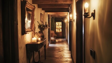 A cozy hallway with warm lighting, wooden beams, and decorative accents, creating a welcoming atmosphere for guests.