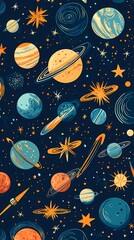 A seamless pattern with colorful planets, stars, and galaxies on a dark blue background.