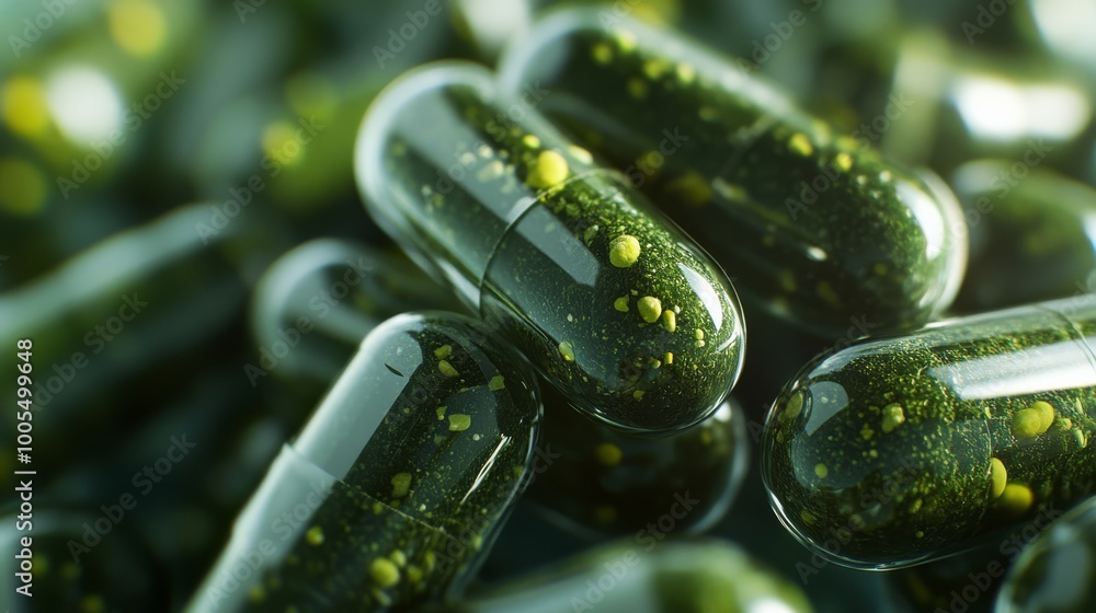 Poster close-up of green capsules filled with particles, highlighting their glossy texture and nature-based