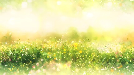 Obraz premium Dreamy spring meadow with lush greenery and colorful wildflowers at sunrise