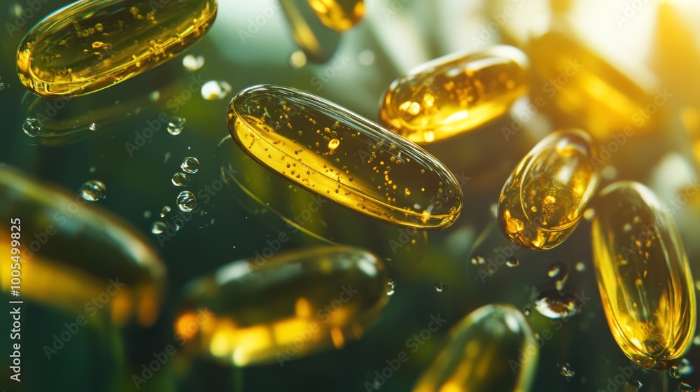 Poster a close-up of golden softgel capsules floating in a liquid, highlighting their shiny texture and the