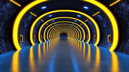 Obraz premium A futuristic hallway glowing in yellow lights, creating a symmetrical tunnel effect