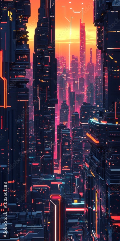 Poster layout pattern featuring repetitive futuristic skyscrapers in a synthwave style.