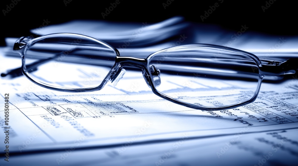 Poster desktop computer showing a stock market graph with notes and financial reports next to it