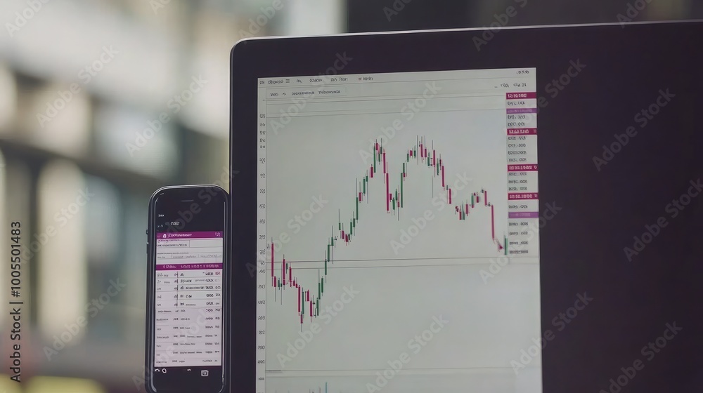 Poster desktop computer showing a stock market graph with notes and financial reports next to it
