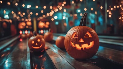 Lit Jack-o'-Lantern on a Metal Surface with Blurred Lights in the Background