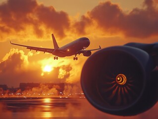 Airplane landing at sunset with engine in the foreground.