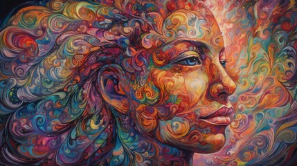 A vibrant, abstract portrait of a woman with swirling colors.