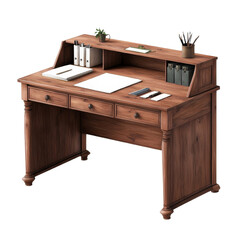 Wooden desk with stationery and office supplies, white isolate background