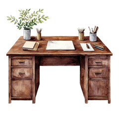 Wooden desk with stationery and plant, isolated on white background.