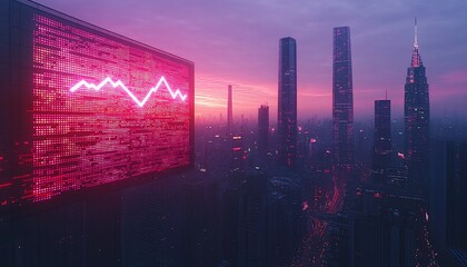 Obraz premium A glowing pink line graph displayed on a digital billboard against the backdrop of a city skyline at sunset.