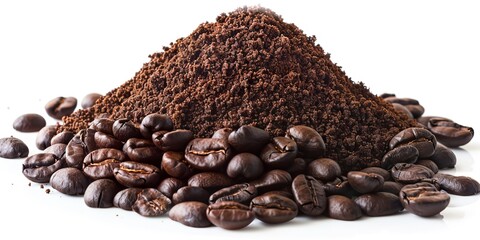 Heap of coffee ground and coffee beans isolated on white background