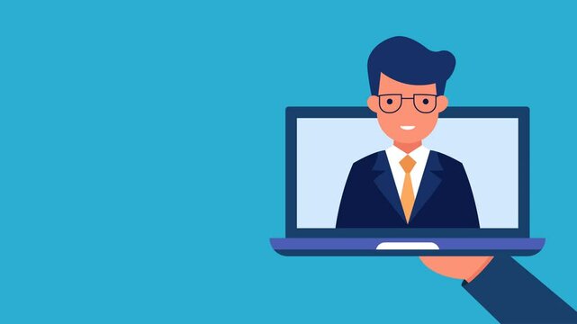 Animation of a male character presenting a virtual assistant or communicating on a video call with a blue background - Powered by Adobe