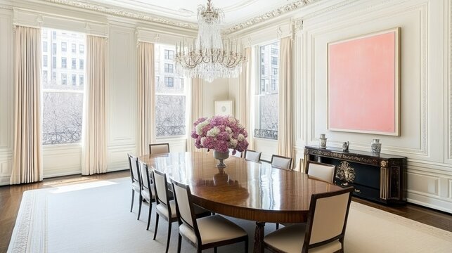 Elegant dining room with a large wooden table, chandelier, and artwork on the walls for a sophisticated ambiance