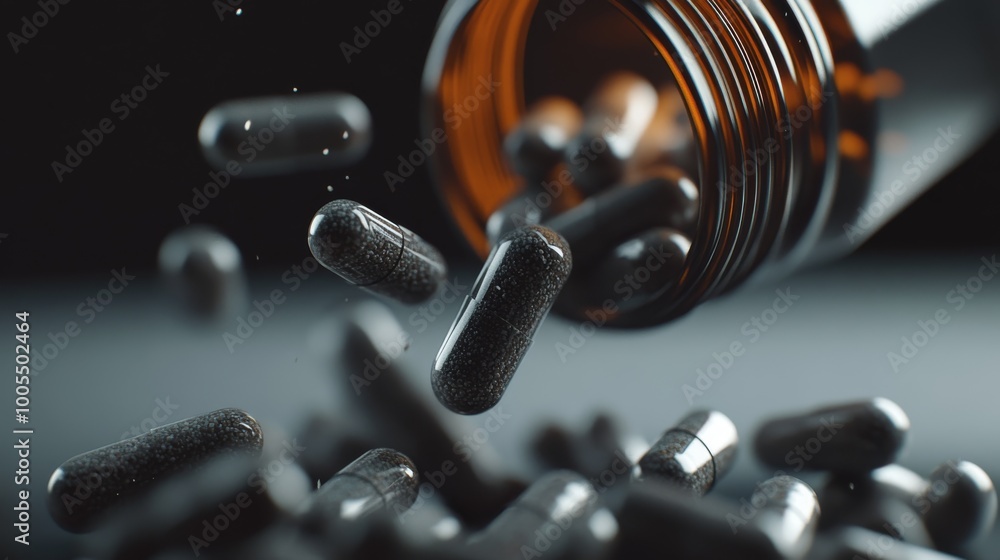 Poster a close-up of a spilled bottle of black capsules on a dark surface, highlighting the texture and shi