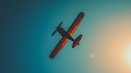Fototapeta premium vintage aircraft soaring through a clear blue sky, with the sun setting in the background, evoking a sense of adventure and exploration in air transport