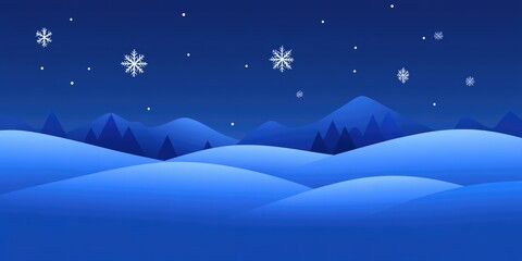 Naklejka premium A tranquil winter night with softly glowing snowflakes gently falling over serene mountains and rolling hills beneath a starry sky, inviting peaceful contemplation and winter wonder