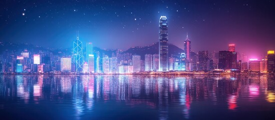 A night view of a city skyline with skyscrapers illuminated by colorful lights, reflected in the water.
