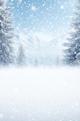 A serene winter wonderland filled with gentle snowfall, frosty pine trees, and majestic mountains creating a peaceful atmosphere in the heart of winter