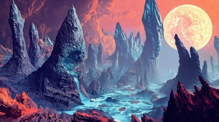 A Surreal Landscape with Tall Rock Formations and a Large Yellow Moon