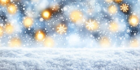 Enchanting winter wonderland with shimmering snowflakes and soft golden lights illuminating the tranquil landscape during a serene evening snowfall