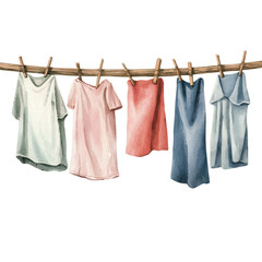 Colorful shirts hanging on a clothesline against a white background.