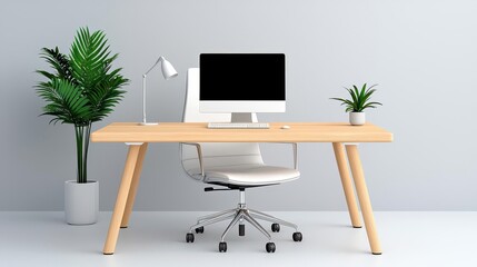 A minimalist home office featuring a sleek wooden desk, modern chair, and simple decor, with potted plants providing a refreshing touch