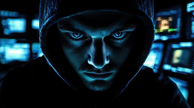 Hacker in a dark room, face illuminated by the light from multiple screens showing various data breaches