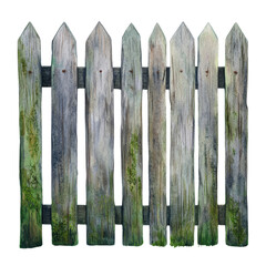Fototapeta premium Old wooden fence with weathered planks, isolated on white background.