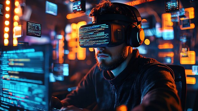 Hacker coding inside a virtual reality space, surrounded by floating data blocks and abstract digital shapes